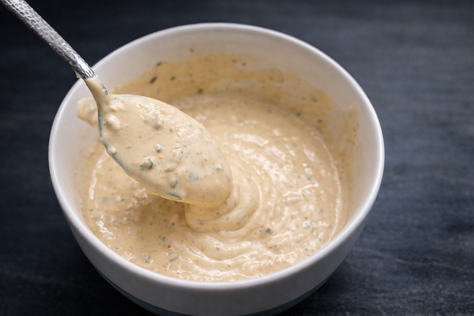 Creamy homemade smash burger sauce in a white bowl with a spoon, showing thick texture and seasoning flecks