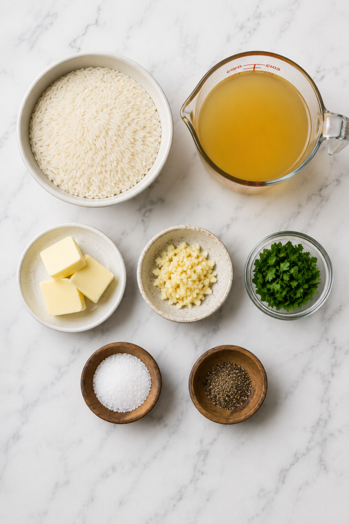 Ingredients needed to make buttery garlic rice.