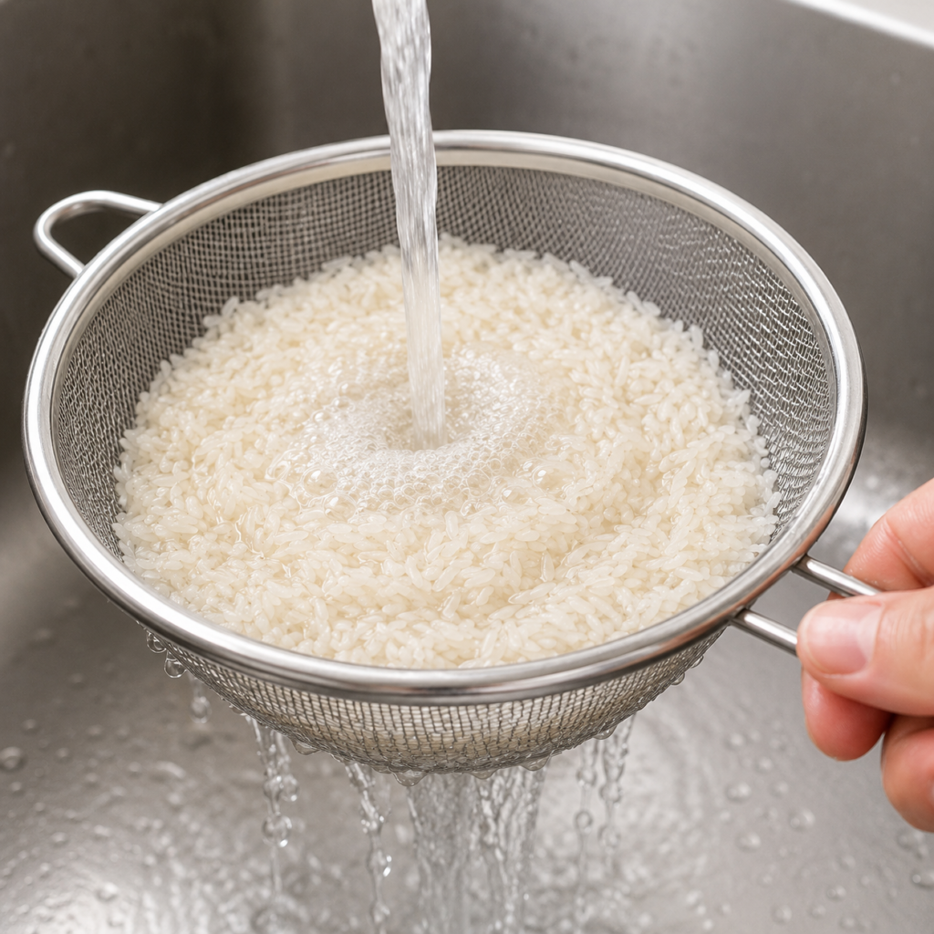Rinsing rice before cooking.