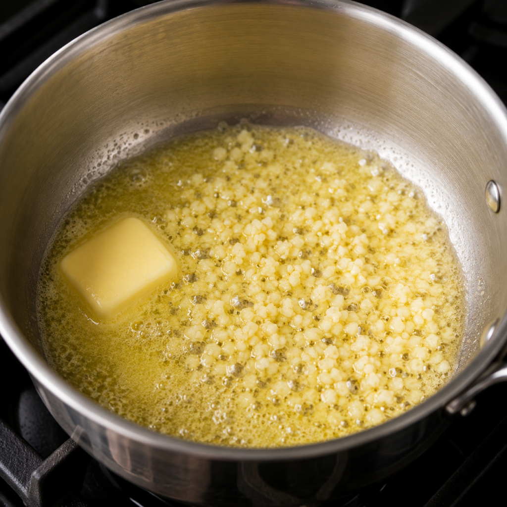 Garlic cooking in melted butter.
