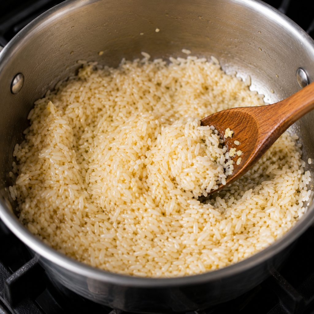 Toasting rice in garlic butter.