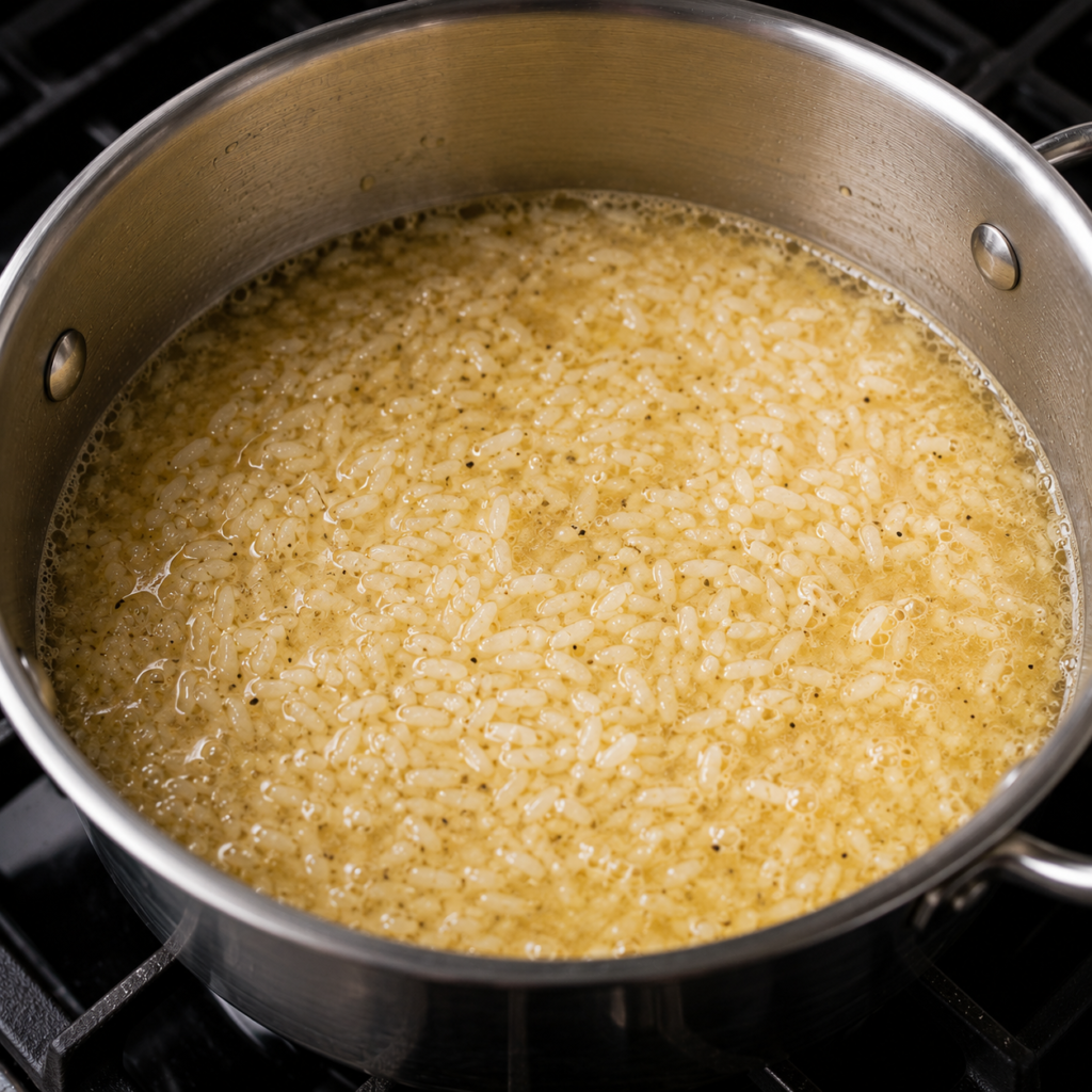 Rice cooking in chicken broth.