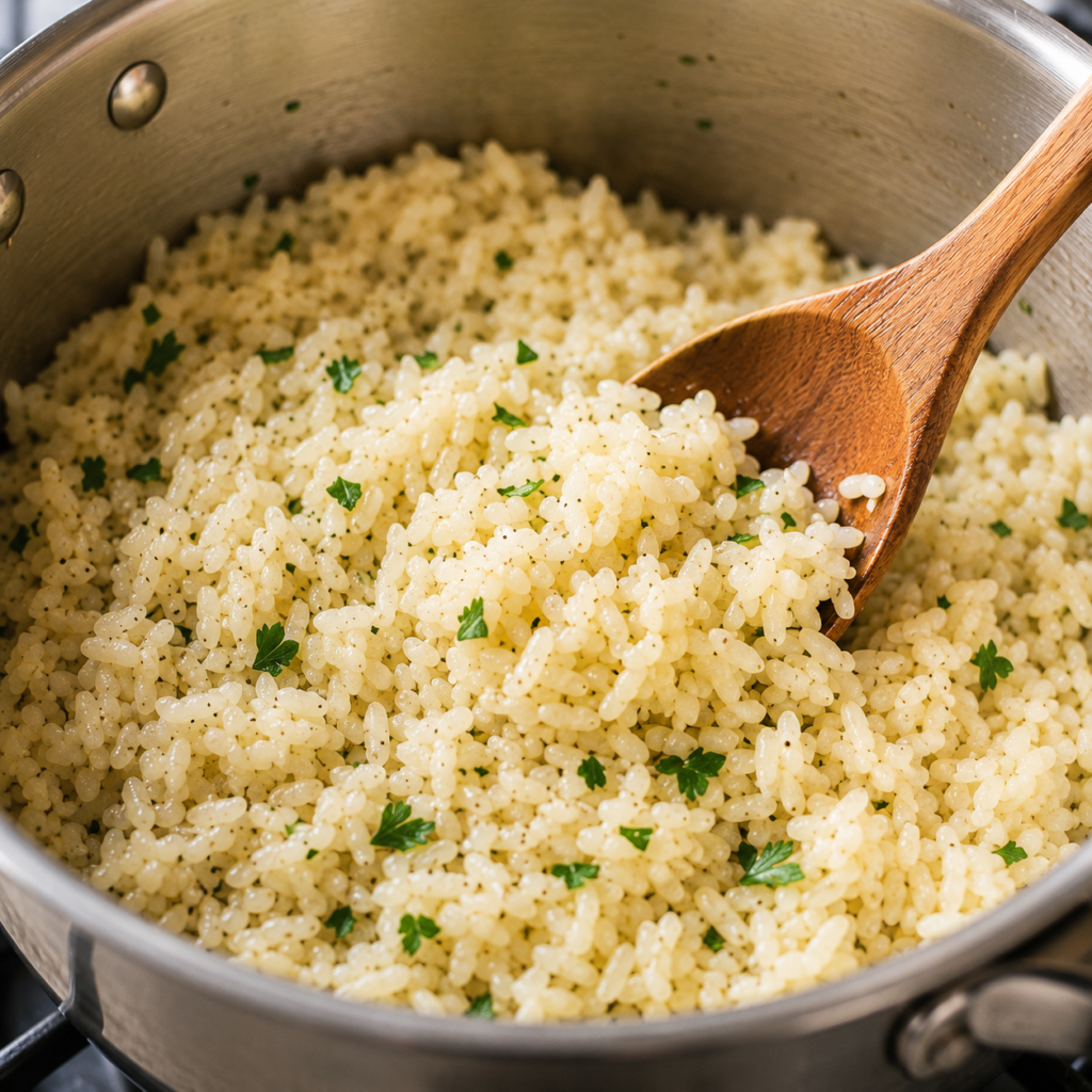 Fluffing buttery garlic rice before serving.